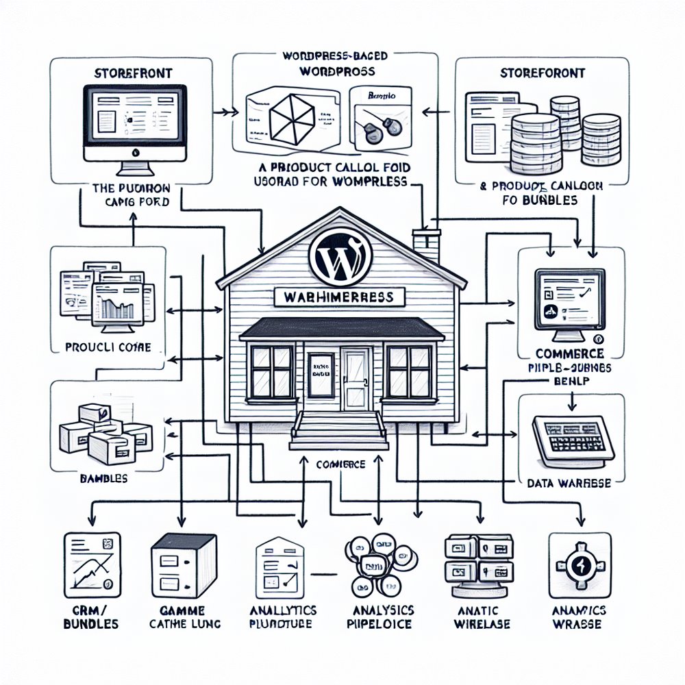 Architecture view: WordPress storefront connected to Brambles plugin, Commerce Module, analytics, and CRM.