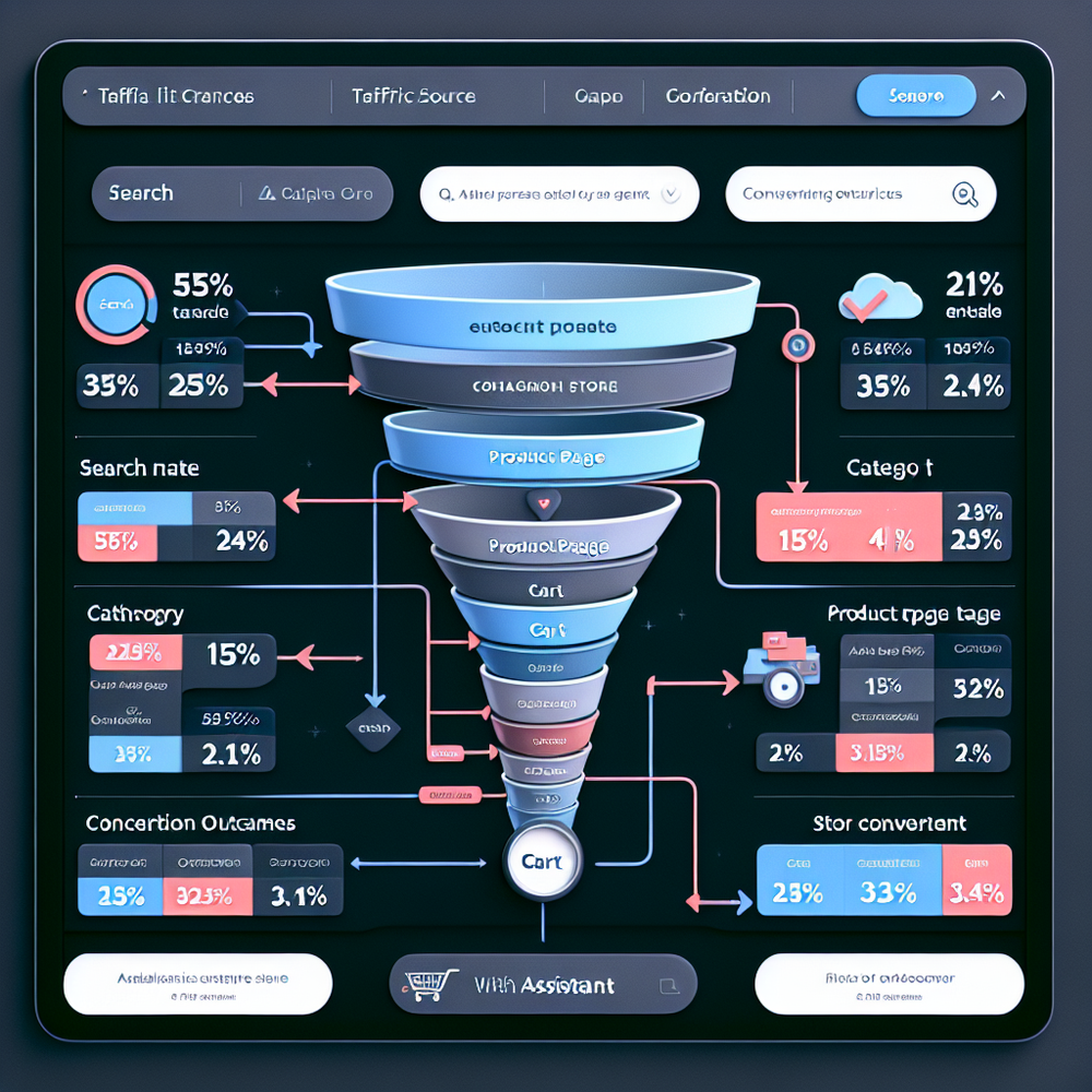 Small-store ecommerce funnel with and without an AI assistant, highlighting reduced search exits and higher conversion.