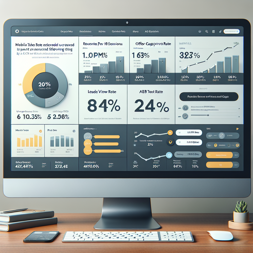 Analytics dashboard highlighting RPM, take rate, and A/B test results for a content site.