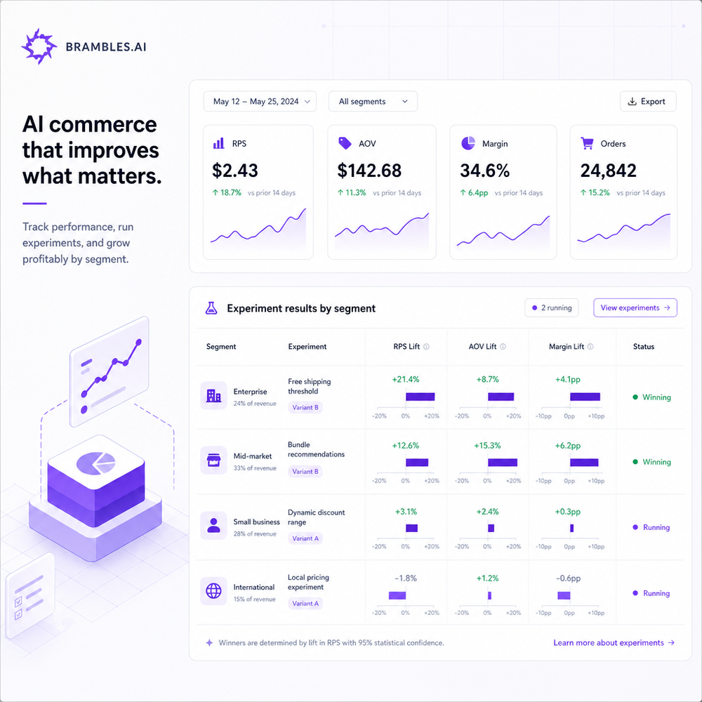 KPI dashboard with RPS, AOV, margin, and experiment results by segment.