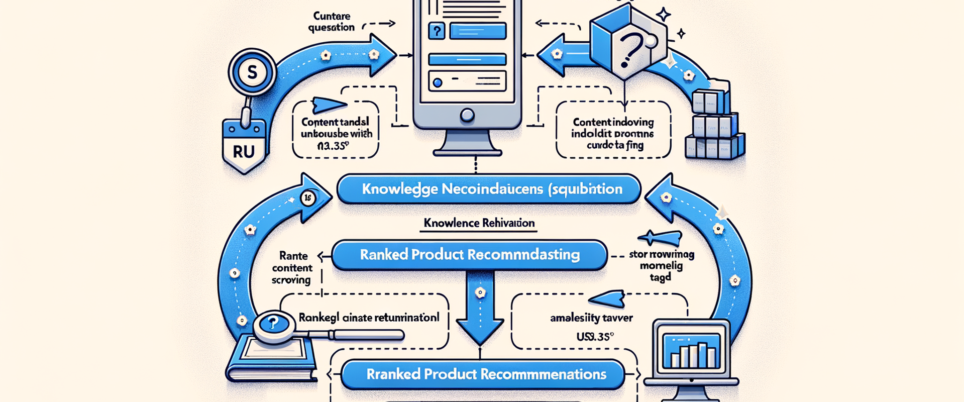 Diagram of a conversational commerce flow from question to tagged recommendations and checkout.