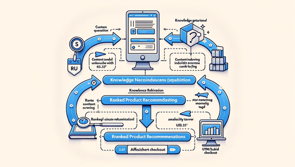 Diagram of a conversational commerce flow from question to tagged recommendations and checkout.