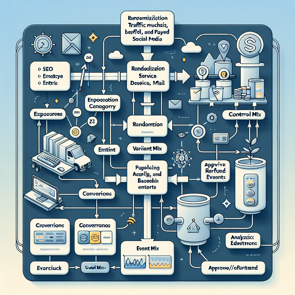 Architecture diagram of stratified randomization and logging for merchant-mix tests.