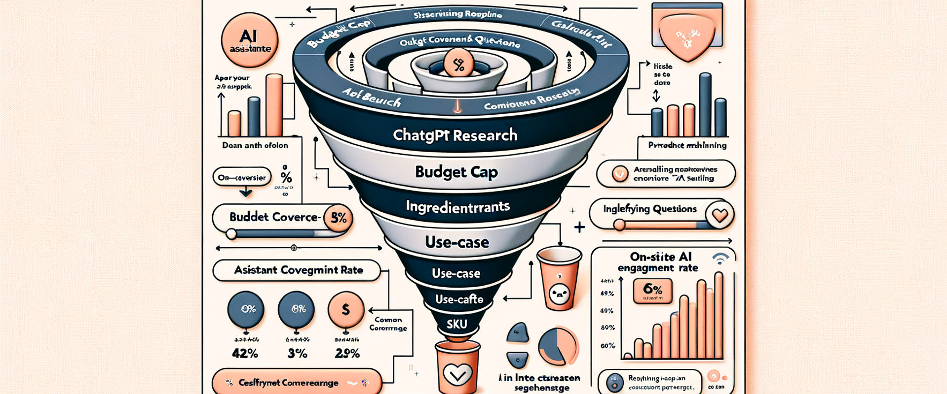Diagram showing how ChatGPT research feeds on-site AI assistant signals with metrics like intent coverage and add-to-cart uplift.