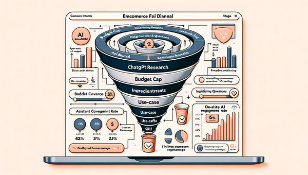 Diagram showing how ChatGPT research feeds on-site AI assistant signals with metrics like intent coverage and add-to-cart uplift.