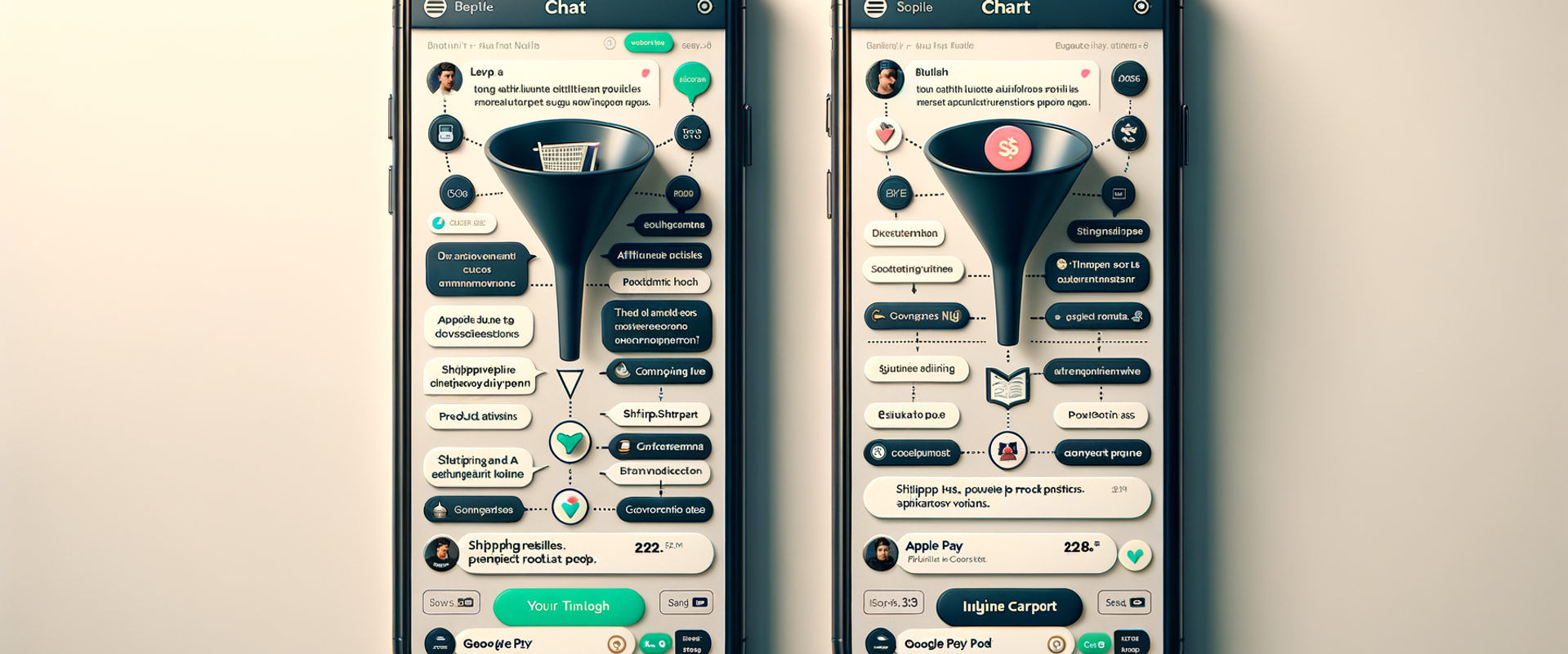 Side-by-side mobile chat flows comparing affiliate link drop-offs versus an inline cart with higher conversions.