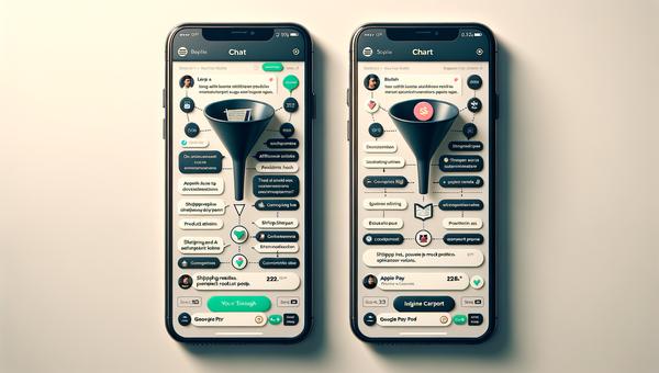 Side-by-side mobile chat flows comparing affiliate link drop-offs versus an inline cart with higher conversions.