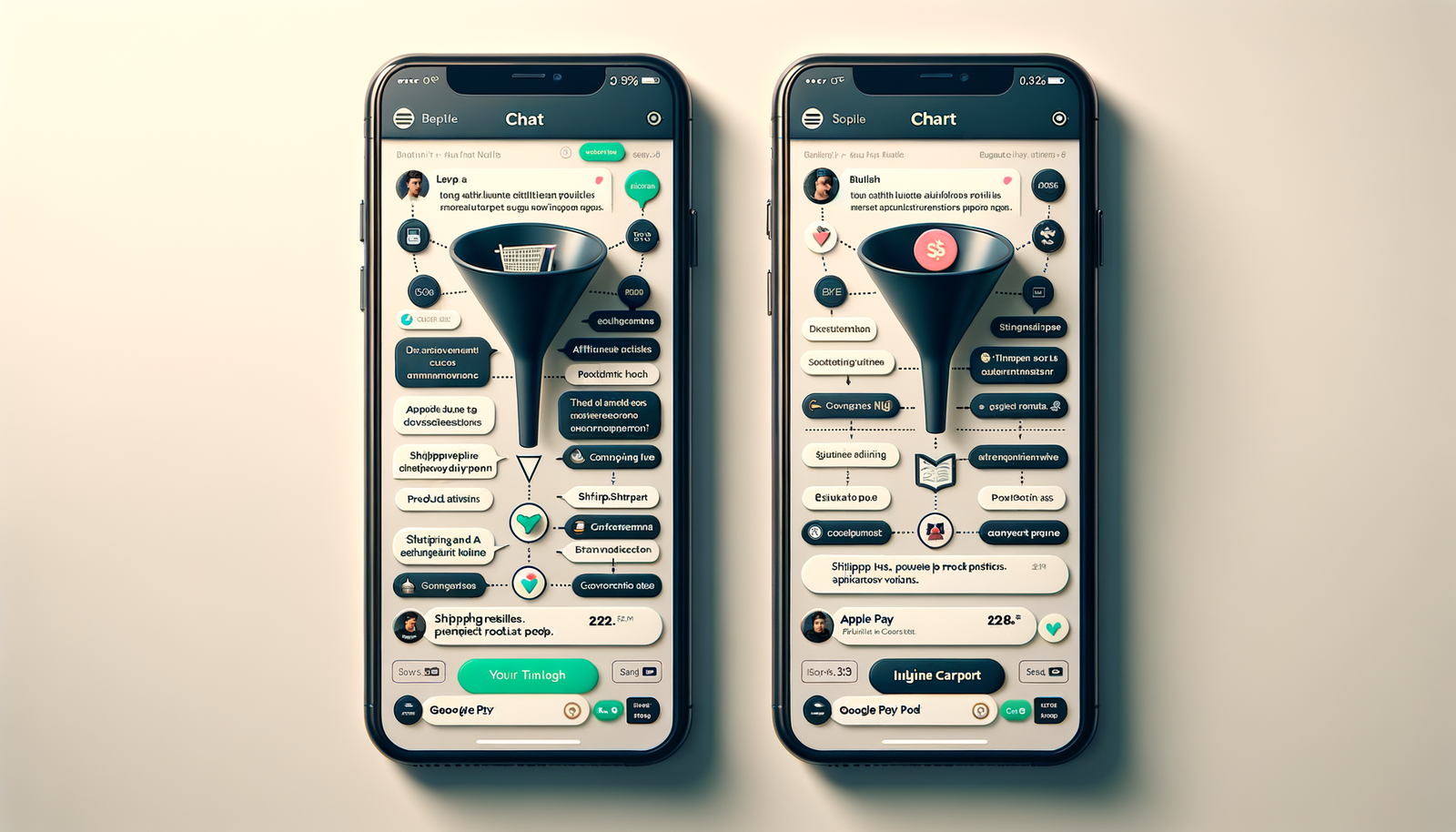 Side-by-side mobile chat flows comparing affiliate link drop-offs versus an inline cart with higher conversions.
