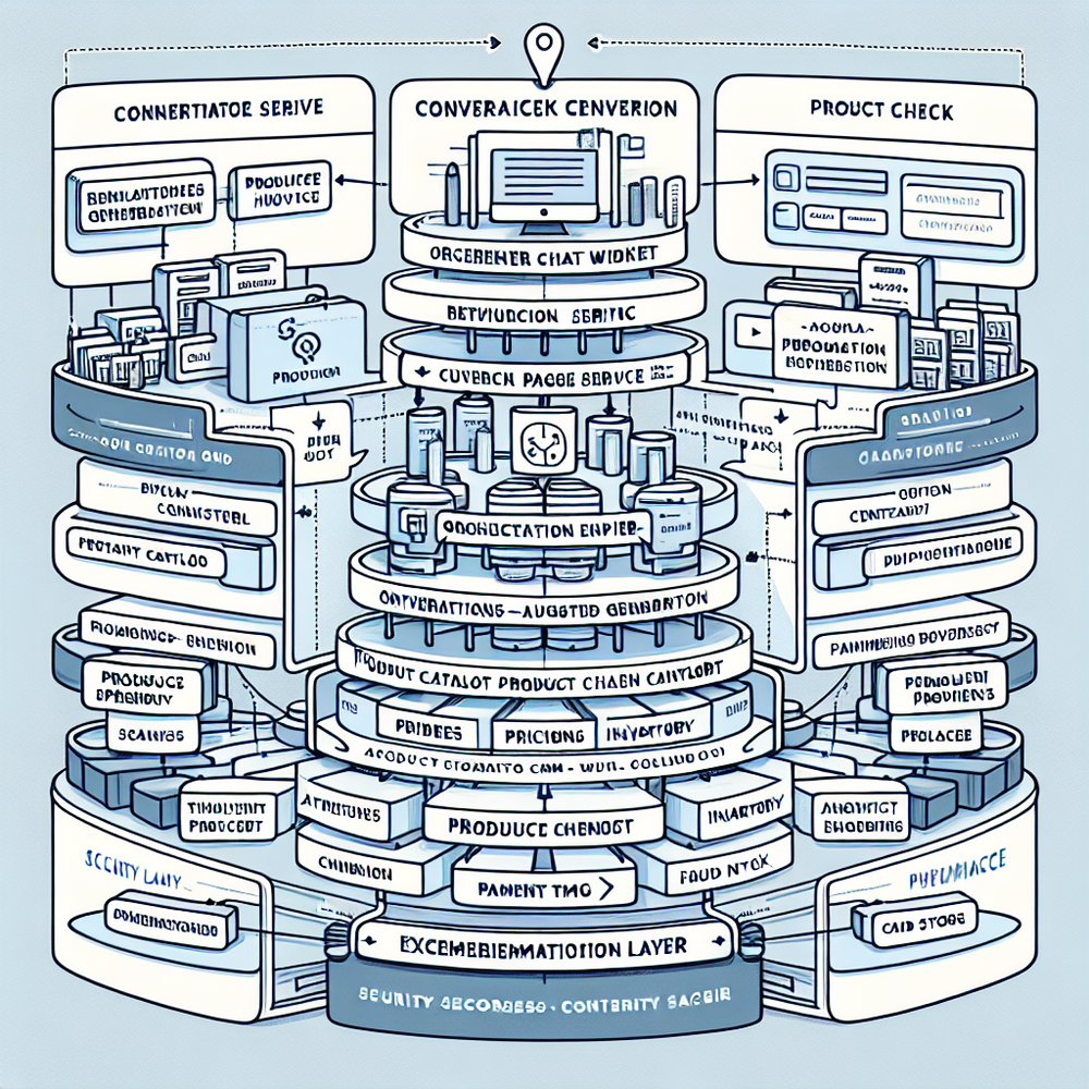 System architecture for a catalog-aware conversational commerce assistant with payments and analytics.