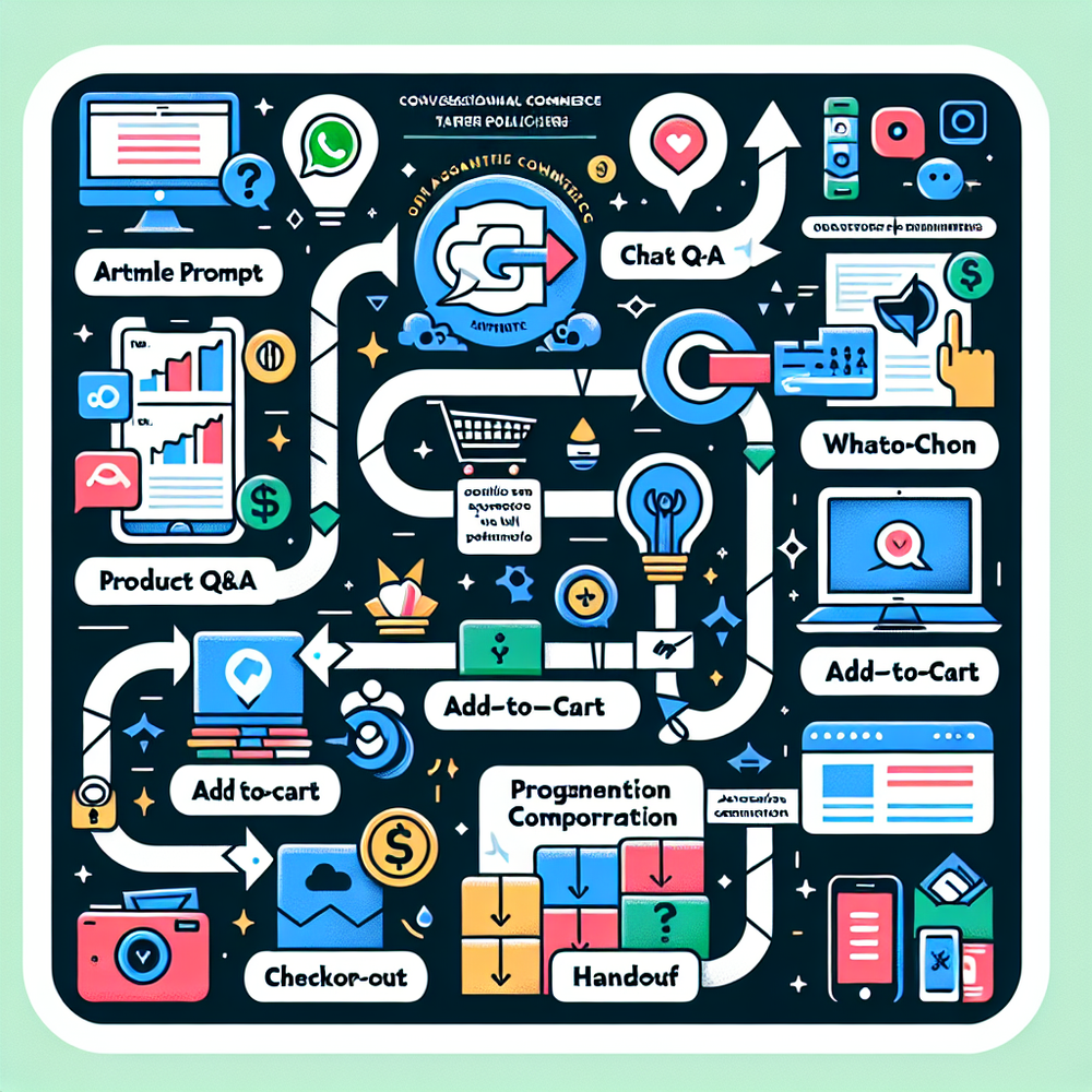 Flow diagram showing article prompt to chat Q&A, comparison, add-to-cart, and checkout across web and messaging channels.