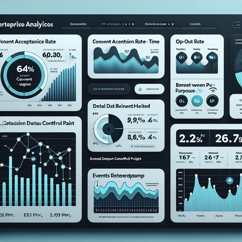 Privacy performance dashboard with consent, drop rates, vendor count, and latency KPIs.