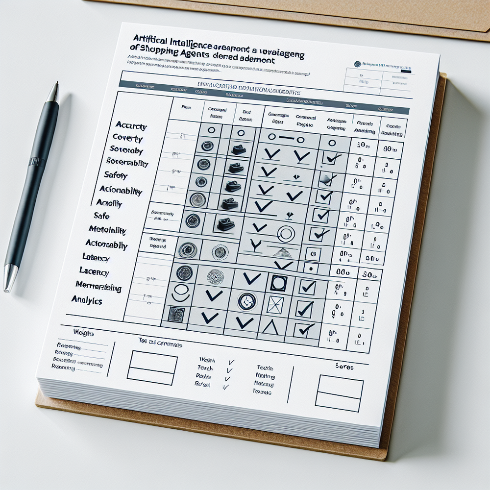 Scorecard template to rate AI shopping agents across seven weighted criteria.