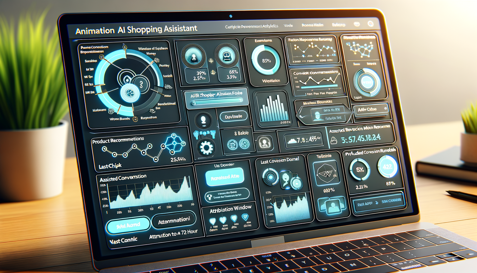 Dashboard visualizing last-click vs assisted revenue, event timeline, and return-rate deltas for an AI shopping assistant.