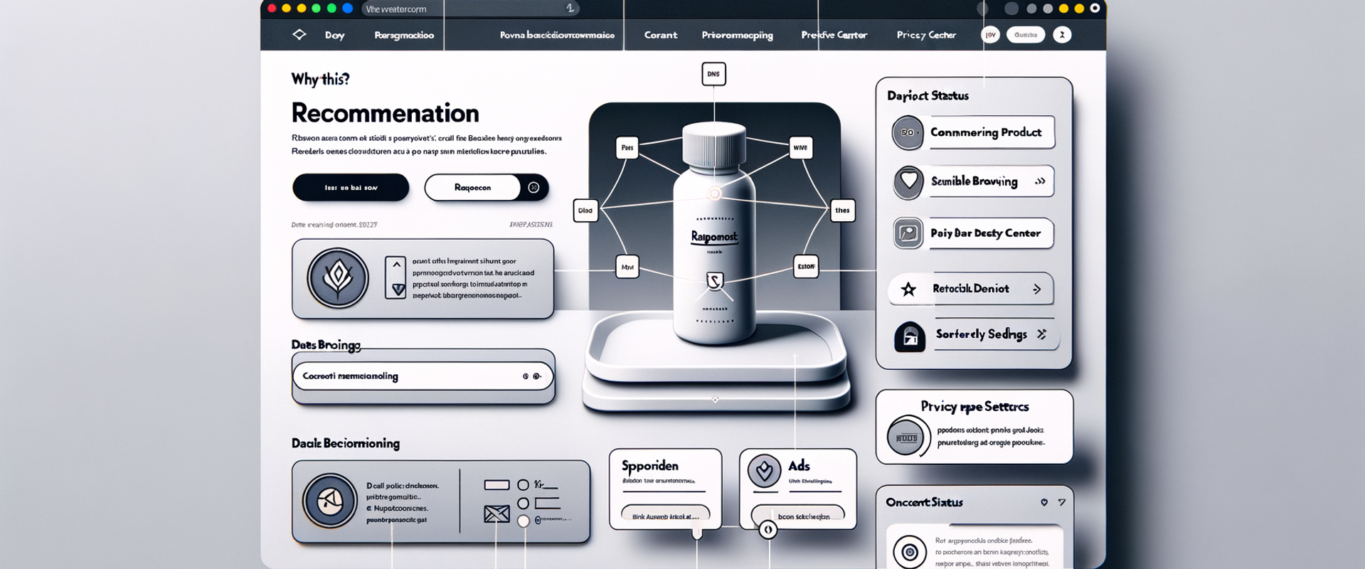 Annotated product page UI showing transparent recommendations, sponsorship labels, and consent status.