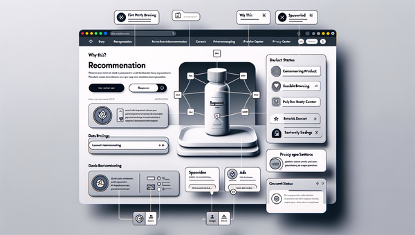 Annotated product page UI showing transparent recommendations, sponsorship labels, and consent status.