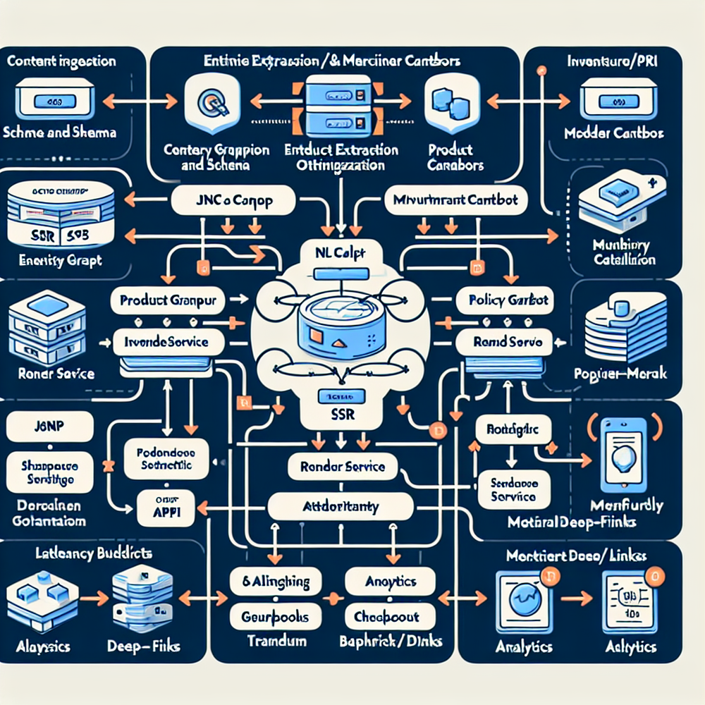 Systems architecture showing content signals flowing into an agent, ranking, and rendering with analytics and checkout endpoints.