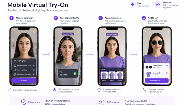 Storyboard of a fast, guidance-led virtual try-on flow for eyewear and apparel.