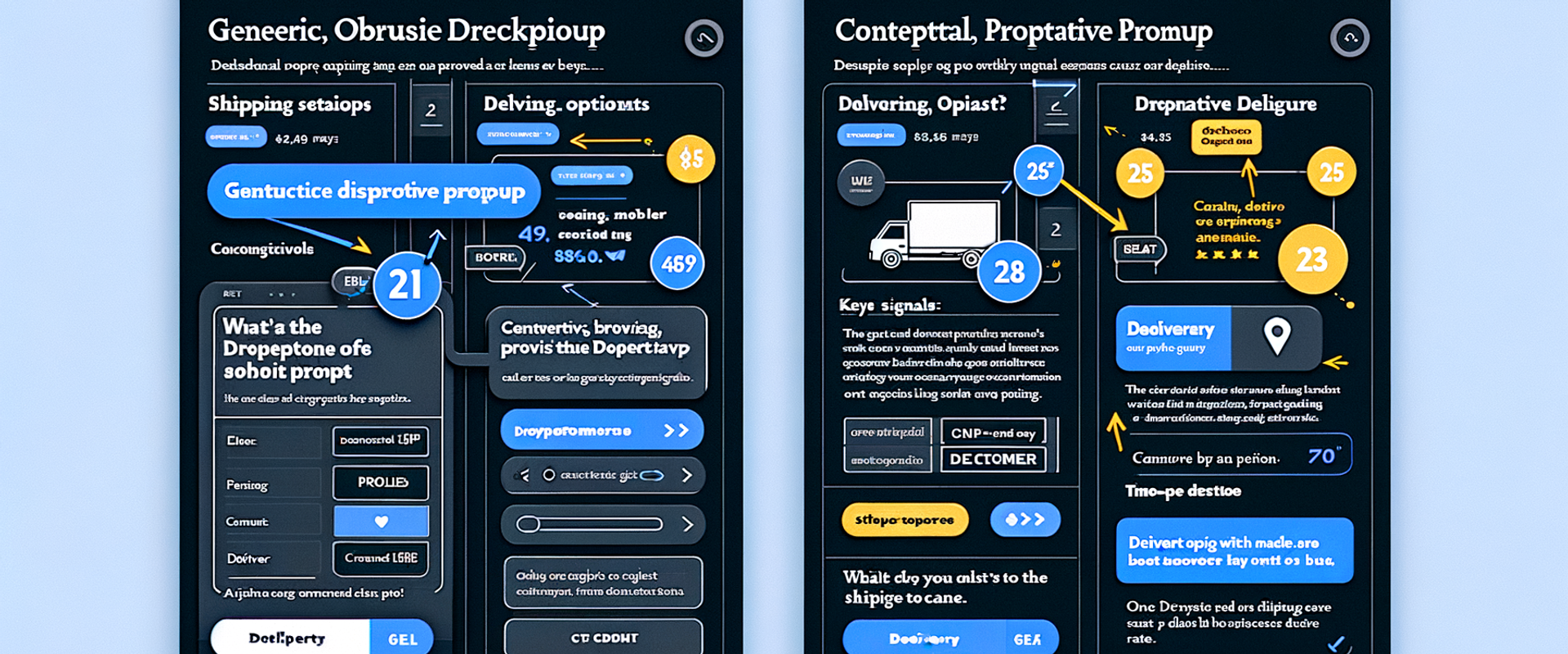 Side-by-side UX: generic popup vs contextual proactive prompt, annotated with timing and KPIs.