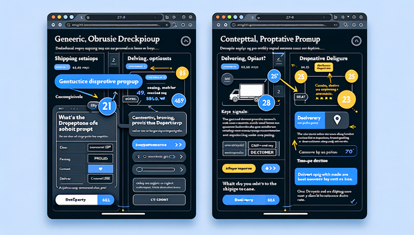 Side-by-side UX: generic popup vs contextual proactive prompt, annotated with timing and KPIs.