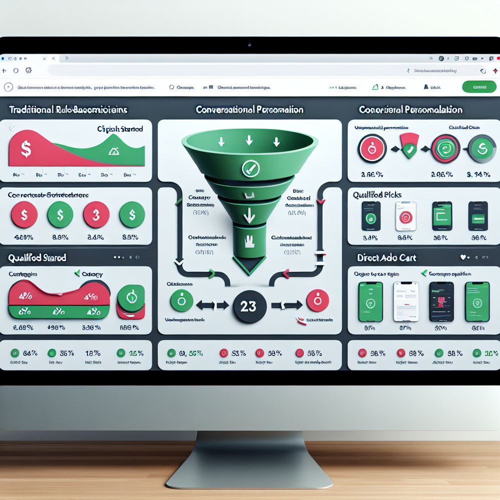 Funnel comparison: rule-based widgets vs conversational personalization with uplift at key steps.