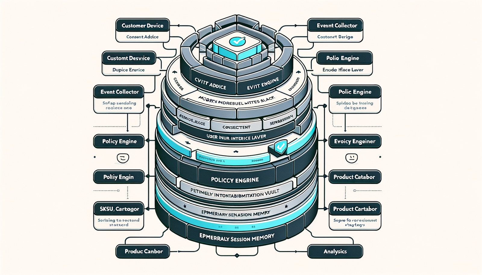Architecture diagram of a privacy‑safe agentic retail stack with consent gating and ephemeral memory.