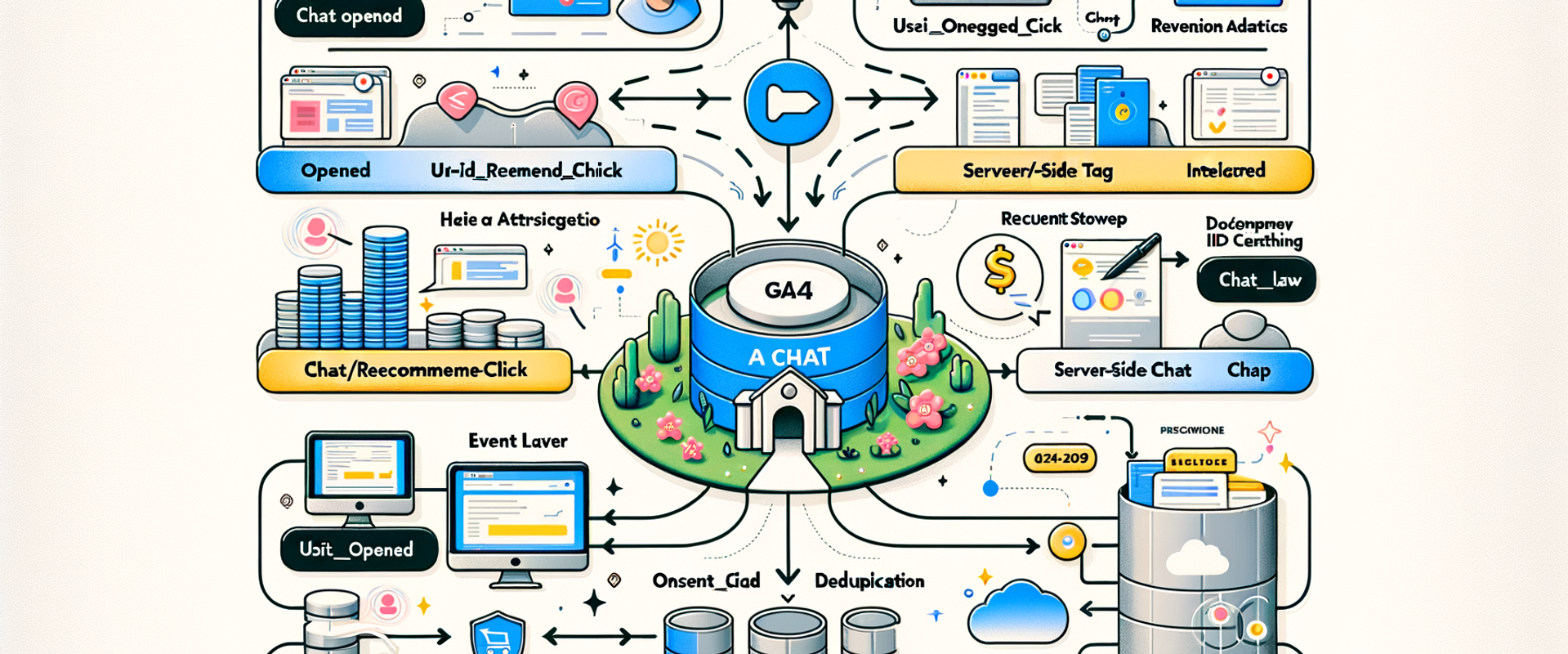 Architecture for tracking assist revenue from AI chat across GA4 and the data warehouse, including consent, IDs, and deduplication.