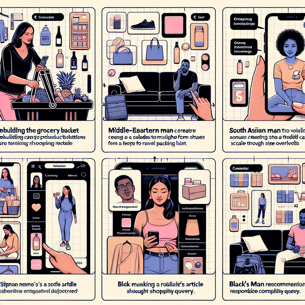 Storyboard of five agentic commerce UX patterns: reorder, routine builder, packing agent, AR fit check, and shoppable content.