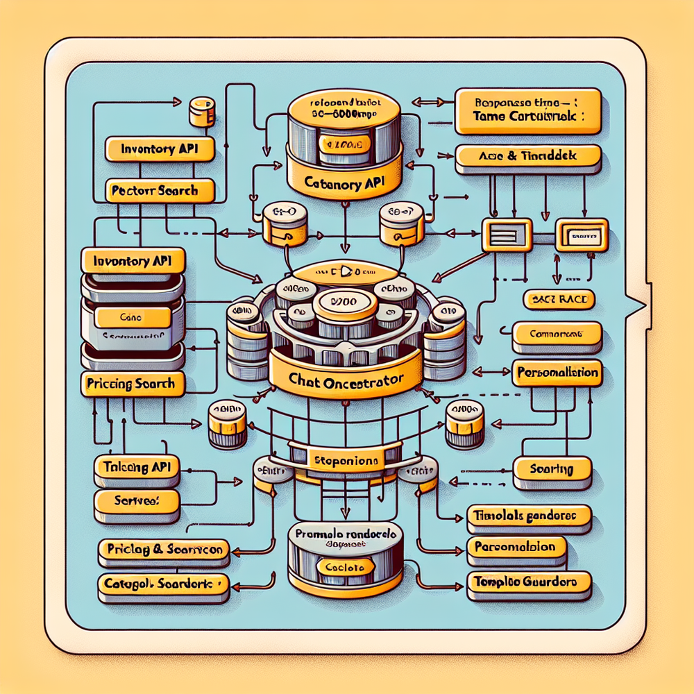 Architecture of a chat fallback engine with inventory, pricing, catalog, and guardrails.