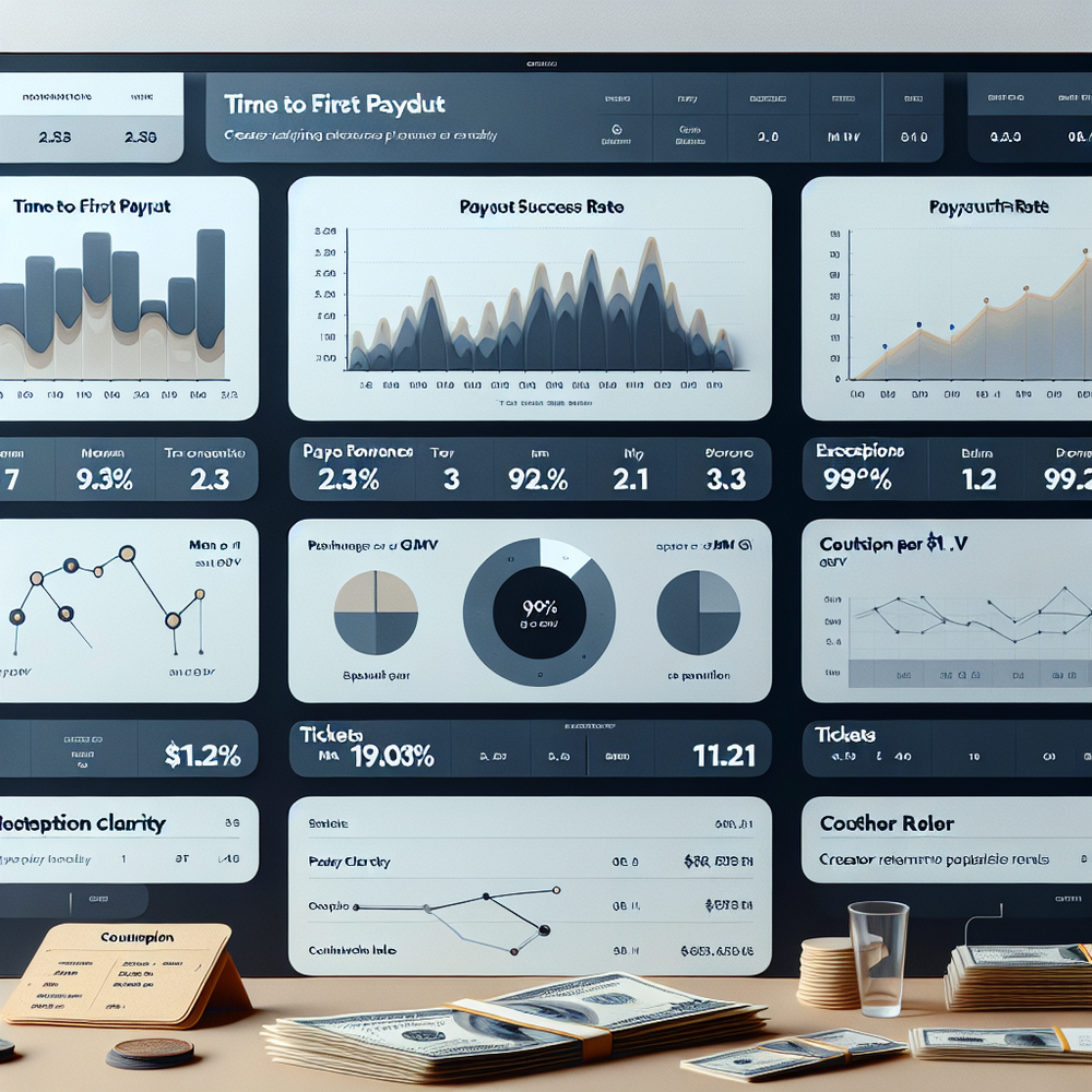 Payout operations dashboard with timing, success rate, exceptions, and cohort retention metrics.