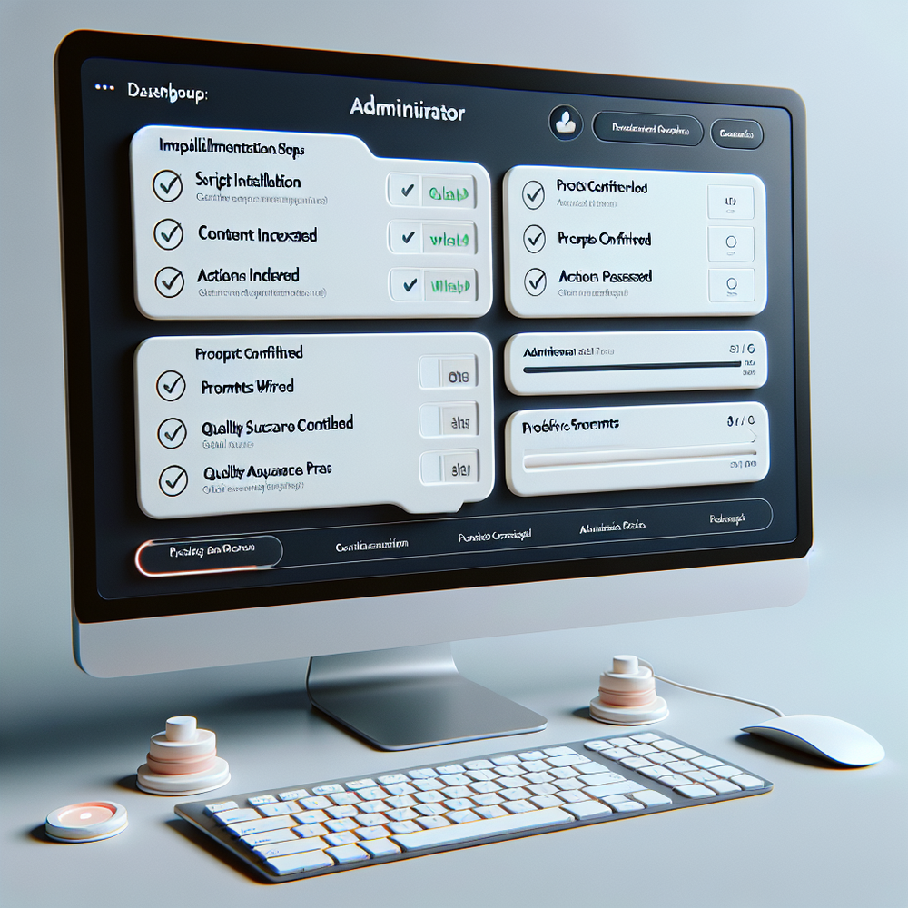 Implementation dashboard with setup checklist, prompt previews, and a live test chat pane.