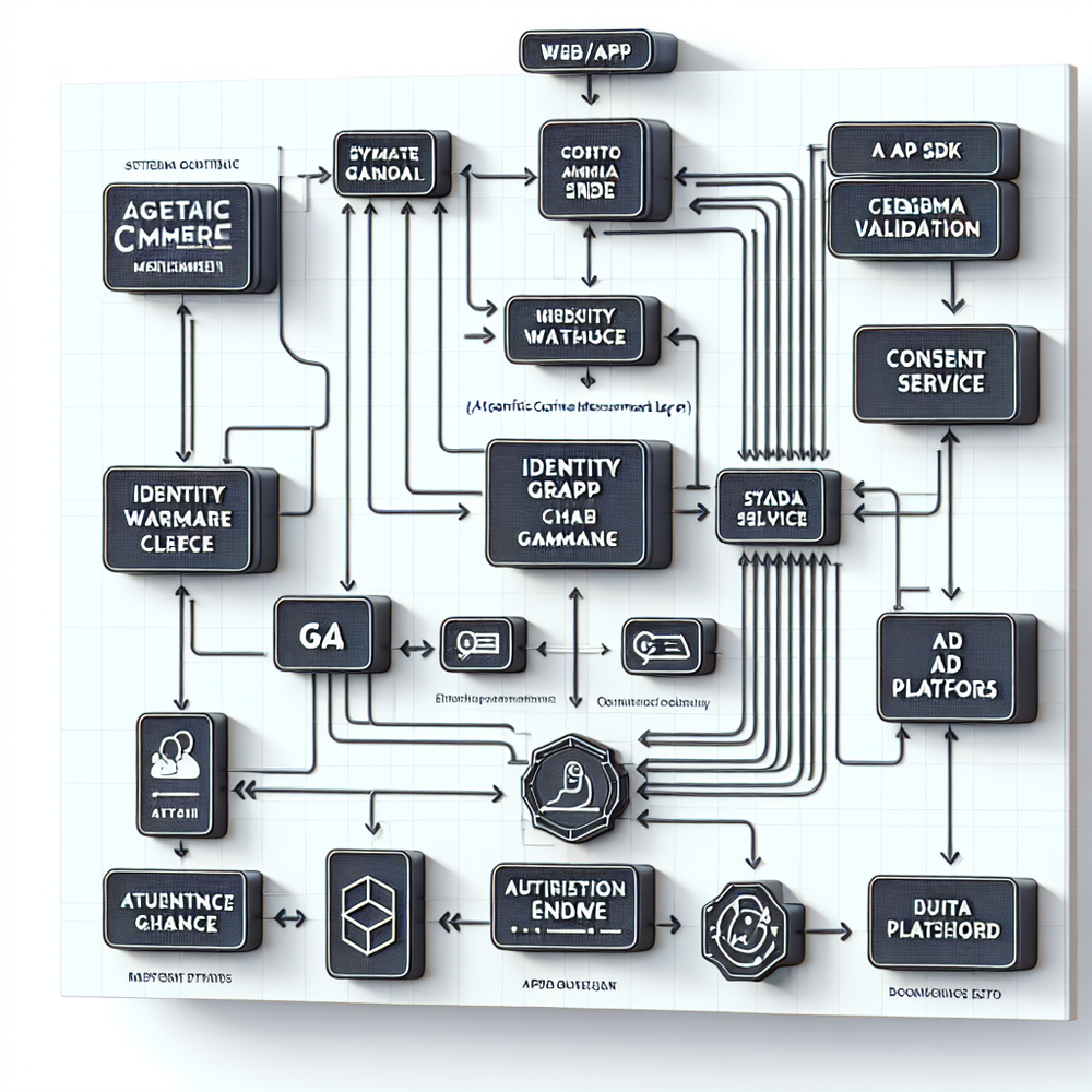 Architecture diagram of an agentic commerce measurement layer, from SDKs to gateway, identity, consent, warehouse, attribution, and reporting.