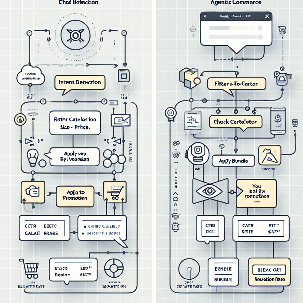 Comparison diagram of a static chatbot flow versus an agentic commerce flow with measurable KPIs.