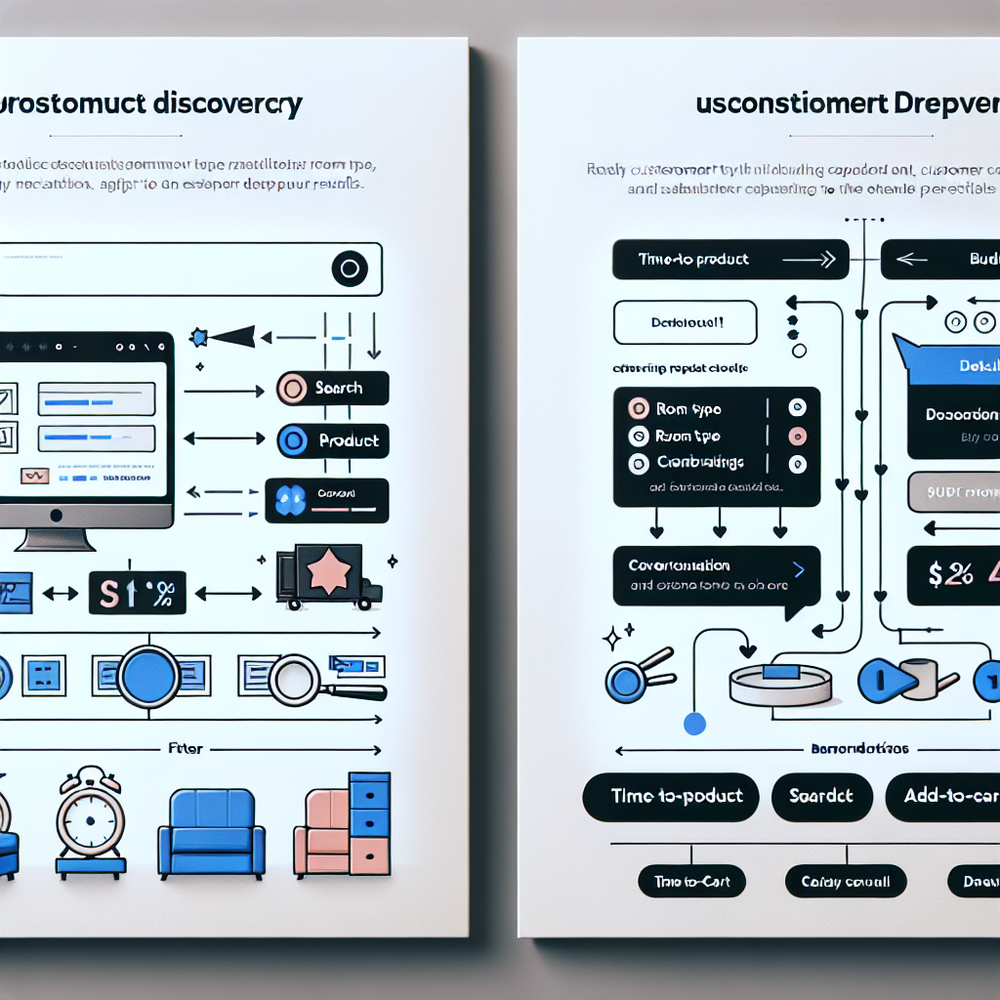 Diagram contrasting search-led filtering with a conversational prompt flow, annotated with drop-off rates and time-to-product improvements.