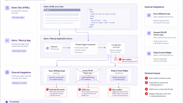 Diagram of script sprawl and failure points in Jamstack commerce embeds