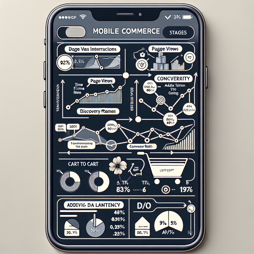 Mobile commerce analytics showing discovery speed, funnel steps, and A/B outcomes.
