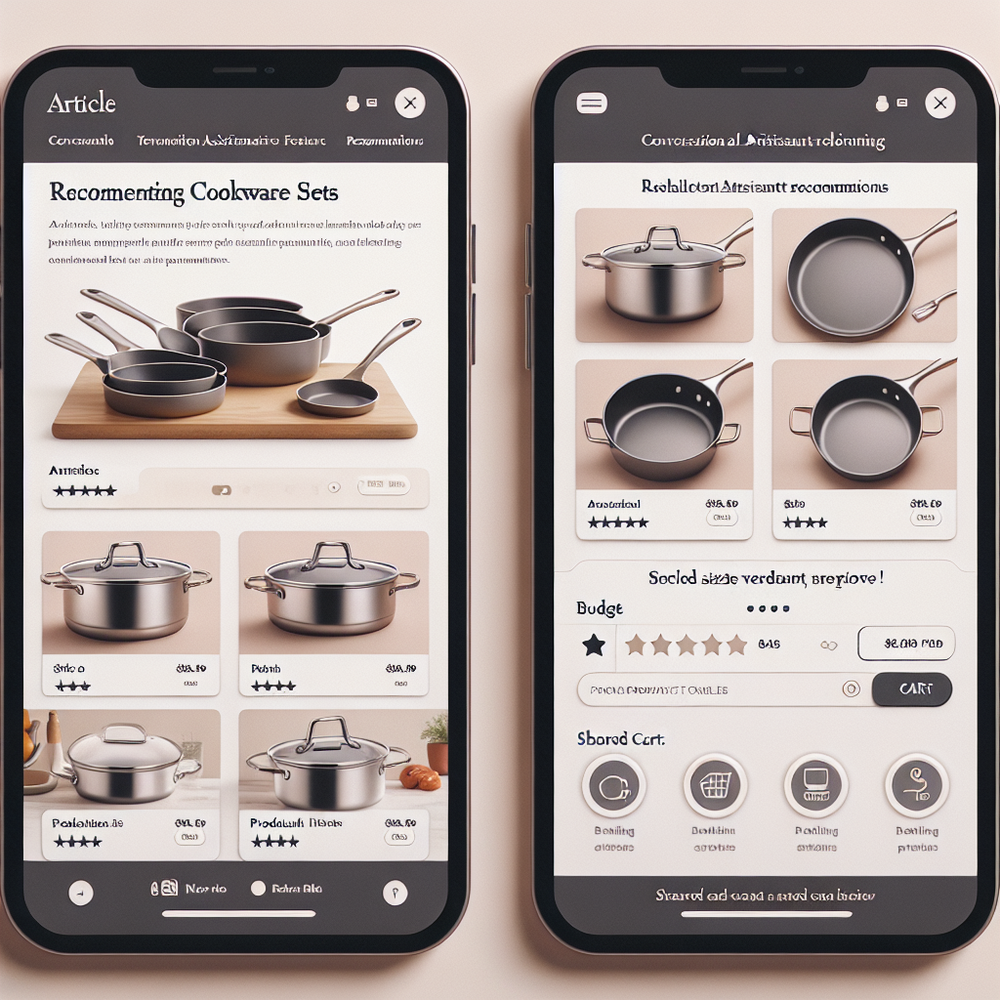 Side-by-side UI: publisher assistant suggestions feeding a pre-filled retailer product page with shared cart and attribution.
