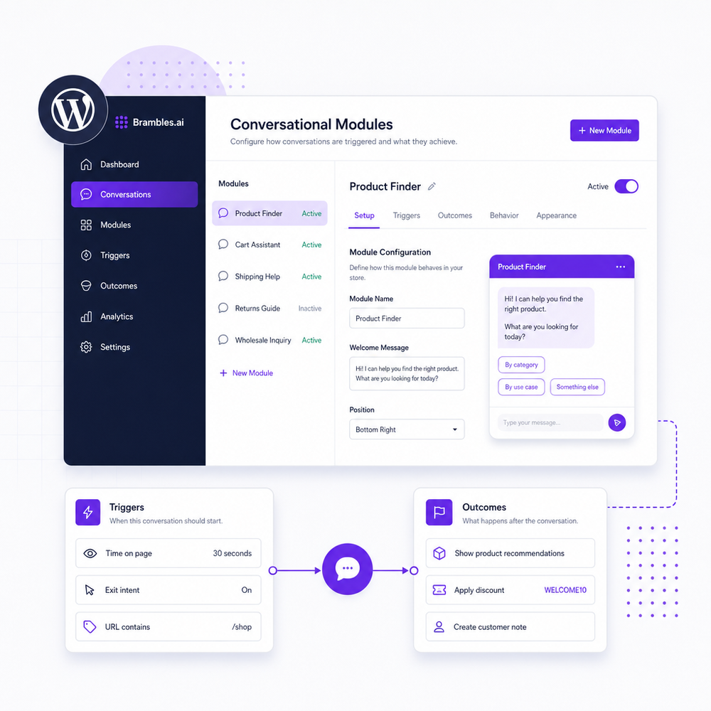 WordPress plugin configuration interface for conversational modules with triggers and outcomes.