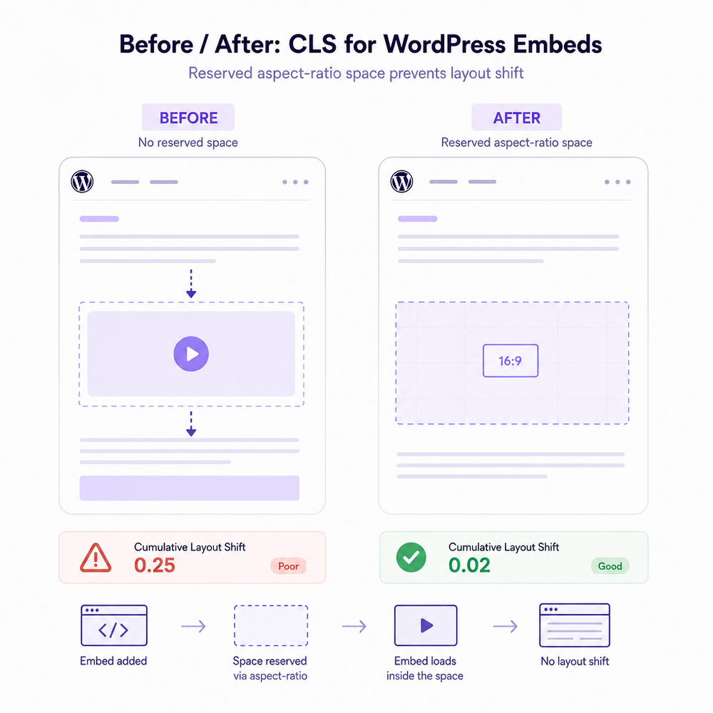 Before/after CLS comparison for WordPress embeds with reserved aspect-ratio space