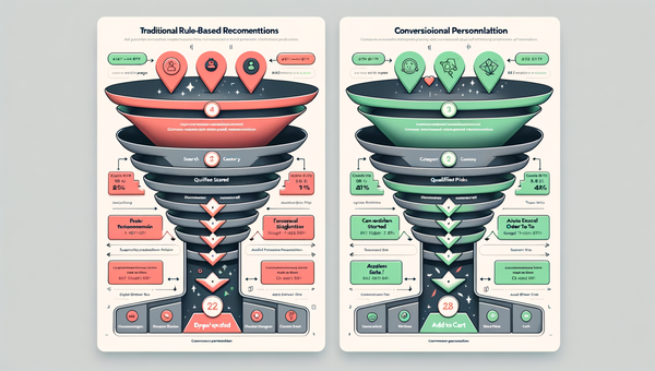 Funnel comparison: rule-based widgets vs conversational personalization with uplift at key steps.