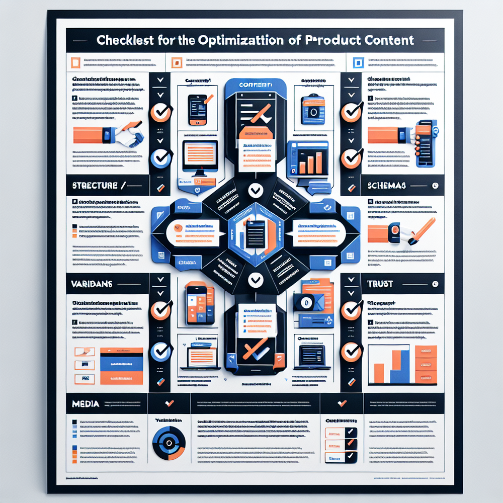 Product content optimization checklist grouped by content, schema, variants, media, and trust.