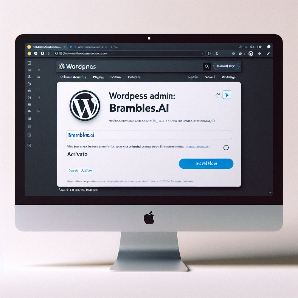 WordPress Admin screenshot-style illustration showing Brambles.ai plugin installation steps.