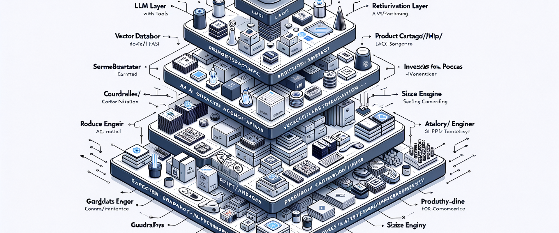 Architecture diagram: retrieval‑augmented AI assistant connected to catalog, content, guardrails, analytics, and ecommerce platform.