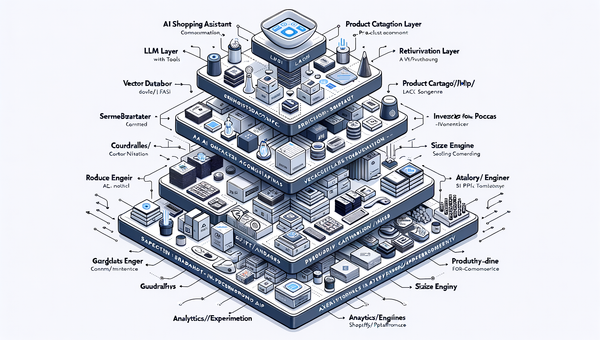 Architecture diagram: retrieval‑augmented AI assistant connected to catalog, content, guardrails, analytics, and ecommerce platform.