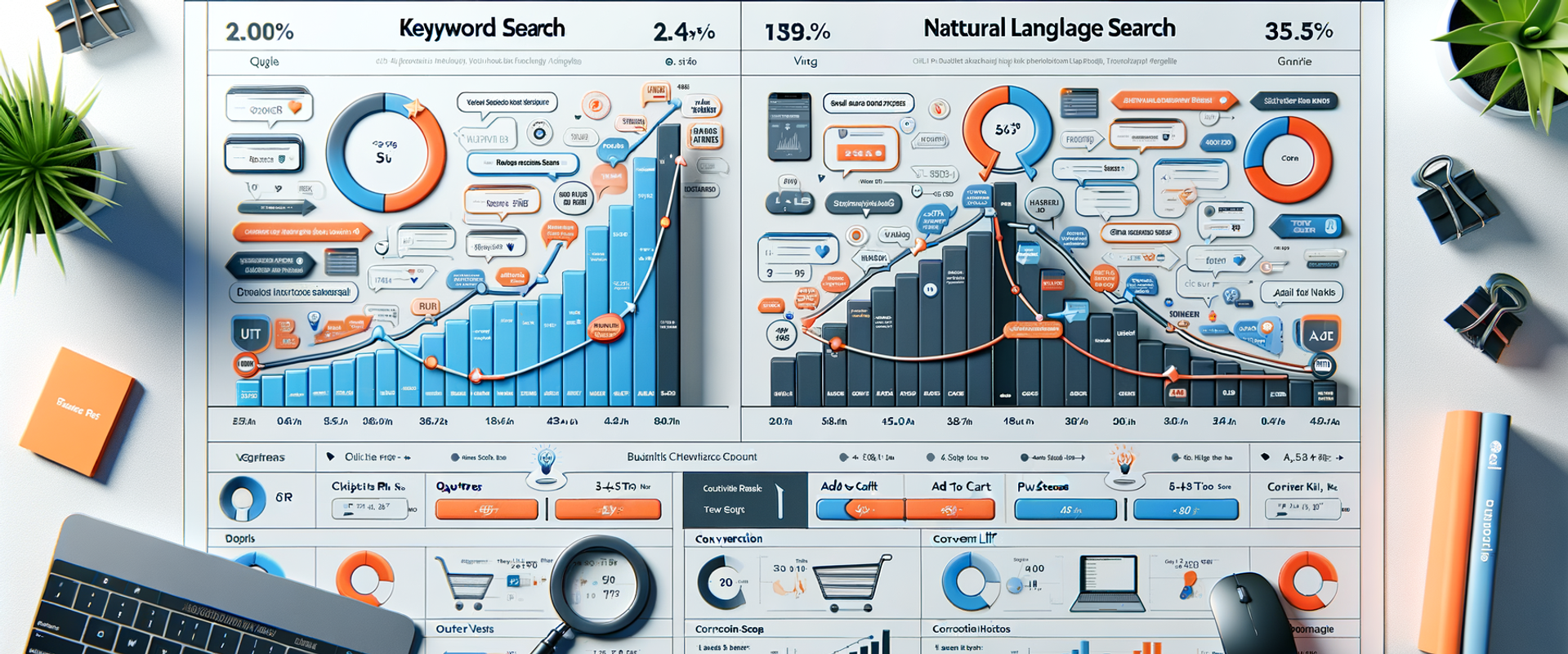 Comparison chart of keyword versus natural language search funnels with a highlighted 3–5x conversion lift.