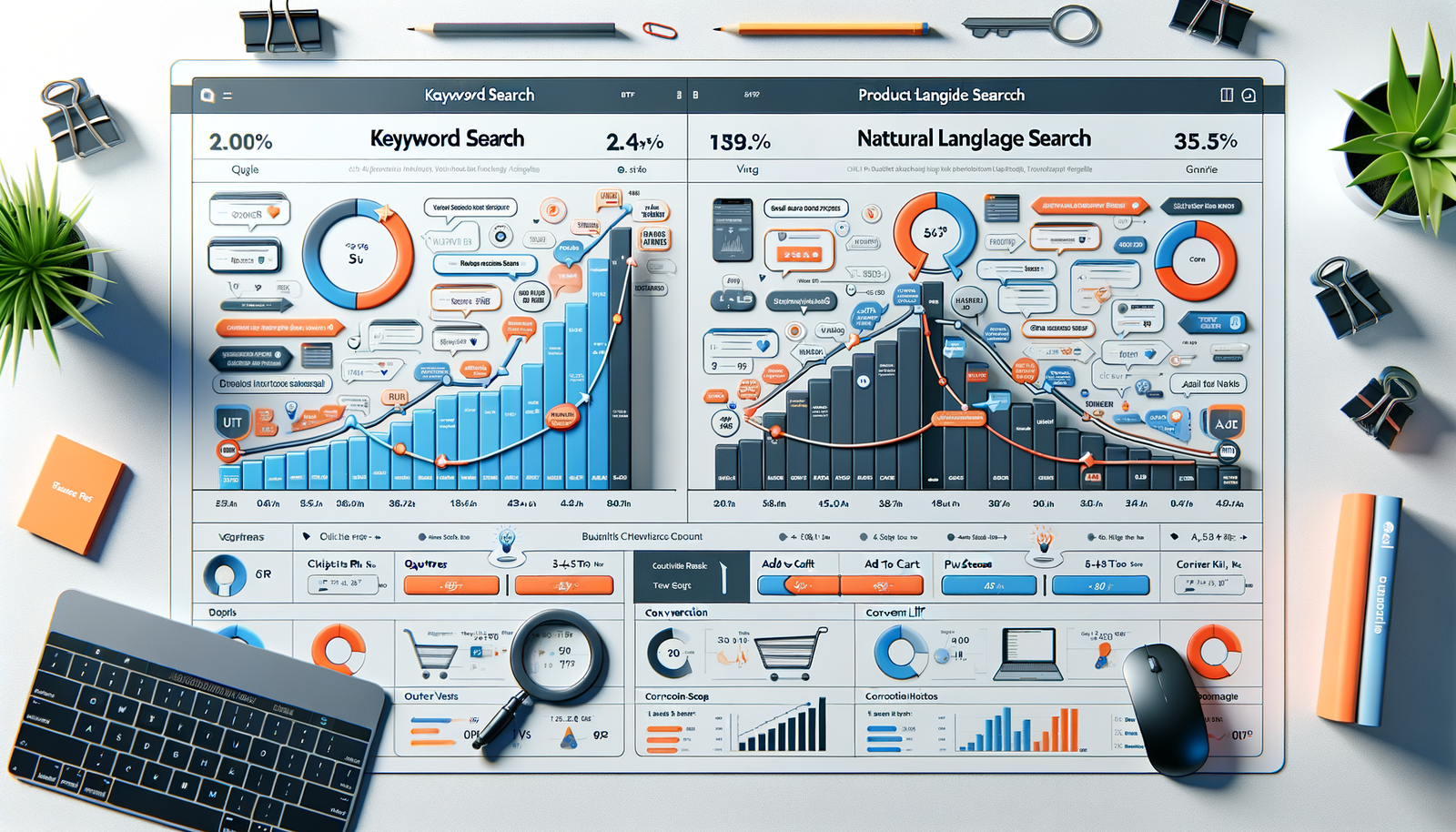 Comparison chart of keyword versus natural language search funnels with a highlighted 3–5x conversion lift.