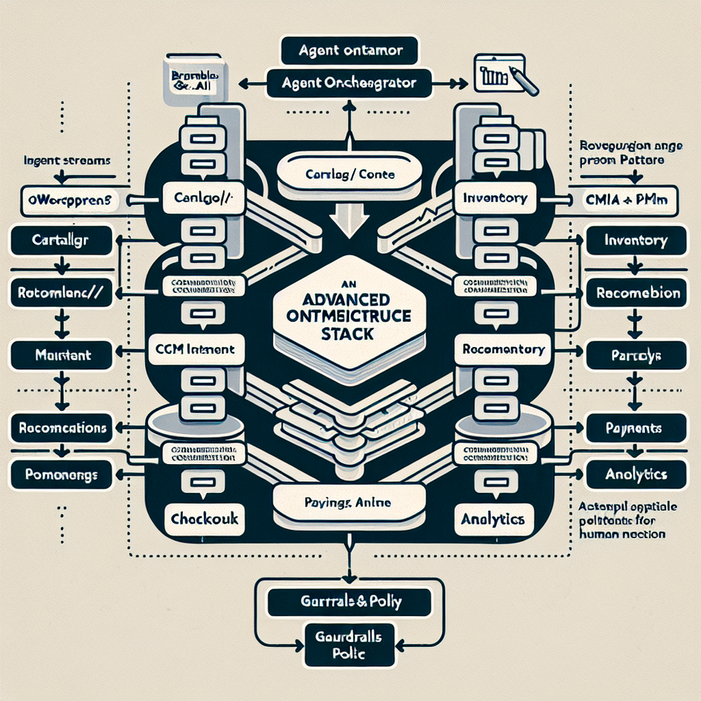Systems diagram of Brambles.ai agent calling catalog, inventory, pricing, and checkout tools with guardrails and WordPress integration.