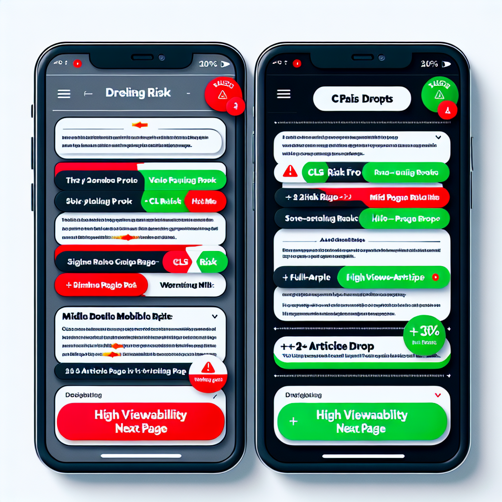 Side-by-side mobile examples of bad versus good prompt usage with annotations for CLS and viewability.