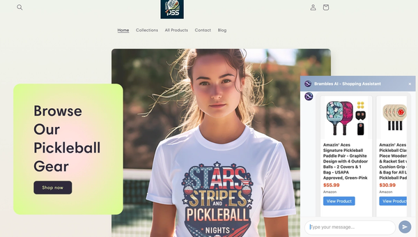 Online store interface showing search box and chatbot integration.