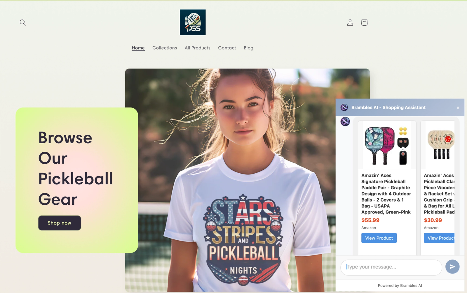 Online store interface showing search box and chatbot integration.