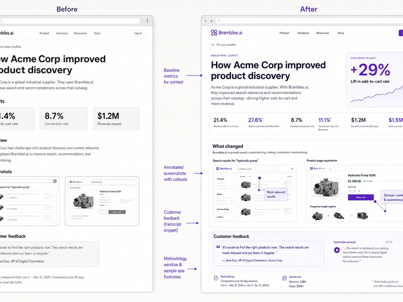 Annotated before-and-after case study layout showing evidence elements and lift badge.